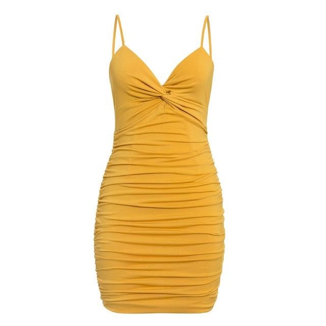 Sexy V-neck Slim Summer Spaghetti Strap Bodycon Short Mini Dress-women-wanahavit-Yellow-S-wanahavit