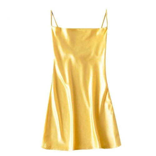 Load image into Gallery viewer, Sexy V-neck Spaghetti Strap Party Club Night Solid Silk Mini Dress-women-wanahavit-Yellow-S-wanahavit
