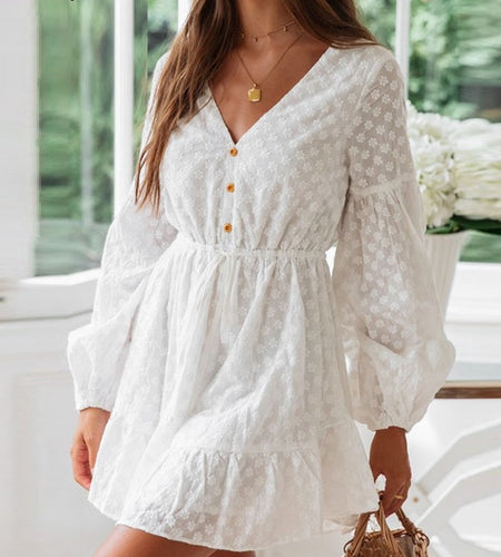 Sexy V-neck Lace Elegant Cotton Embroidery Short Bohemian Dress-women-wanahavit-White-S-wanahavit