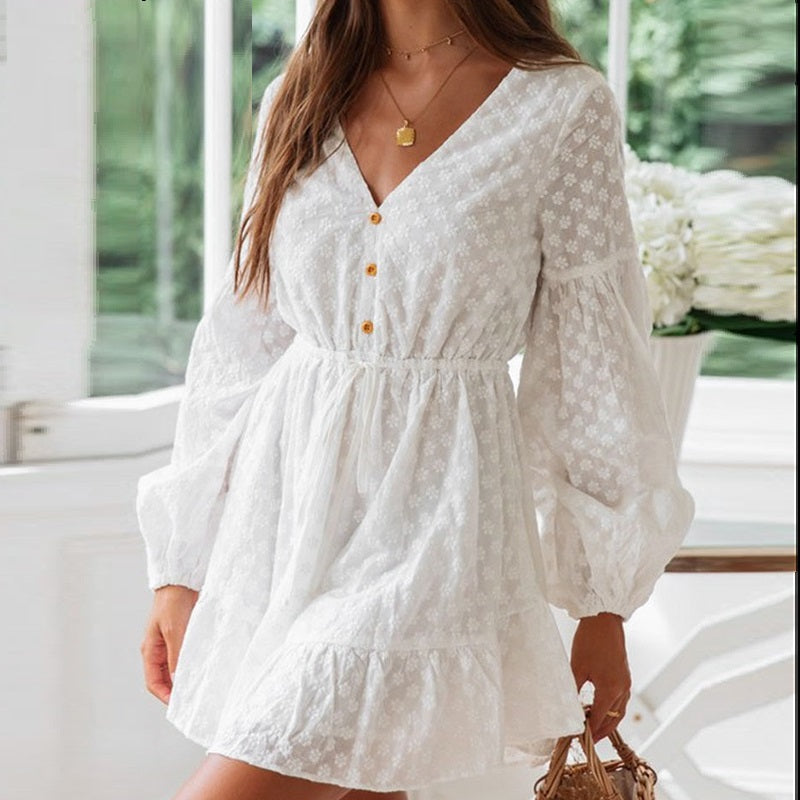 Sexy V-neck Lace Elegant Cotton Embroidery Short Bohemian Dress-women-wanahavit-White-S-wanahavit