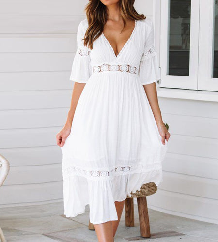 Sexy V-Neck Lace Elegant Hollow Ruffle Sleeve Maxi Dress-women-wanahavit-White-L-wanahavit