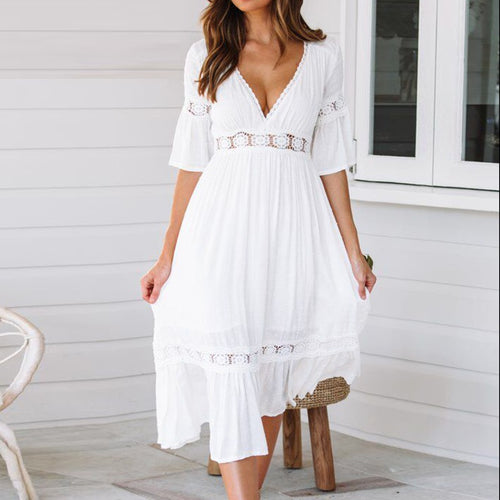 Load image into Gallery viewer, Sexy V-Neck Lace Elegant Hollow Ruffle Sleeve Maxi Dress-women-wanahavit-White-L-wanahavit
