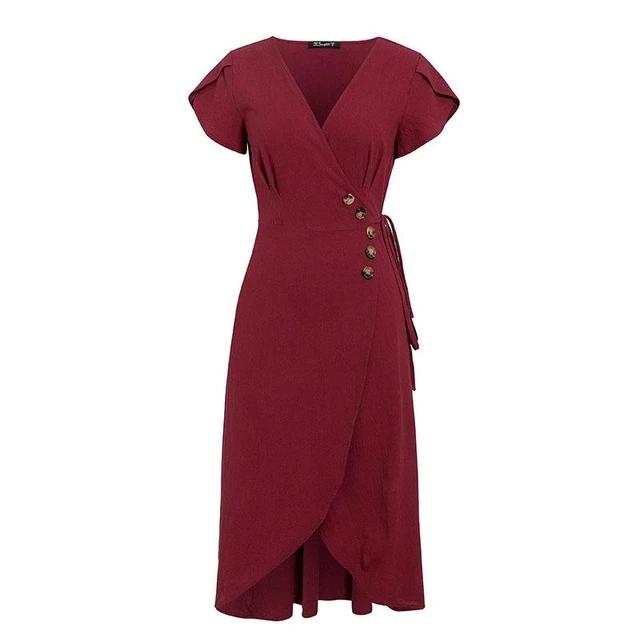 Sexy V-Neck Wrap Dress Casual Solid A-Line Summer Midi Bodycon Dress-women-wanahavit-brick red-S-wanahavit