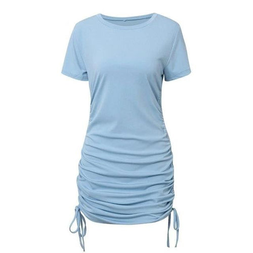 Load image into Gallery viewer, Short Sleeve Casual O-Neck Lace Up Mini Pleated Pencil Bodycon Dress-women-wanahavit-Sky blue-S-wanahavit
