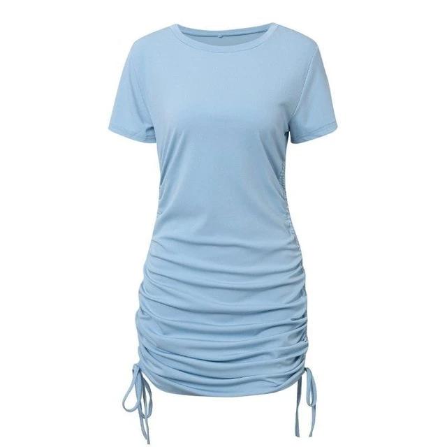 Short Sleeve Casual O-Neck Lace Up Mini Pleated Pencil Bodycon Dress-women-wanahavit-Sky blue-S-wanahavit