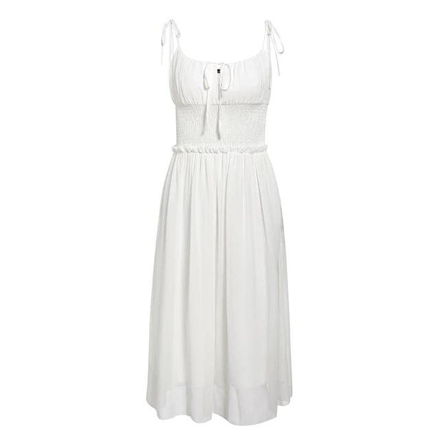 Sleeveless Deep V-Neck Backless Ruched Summer Chiffon White Dress-women-wanahavit-White-S-wanahavit