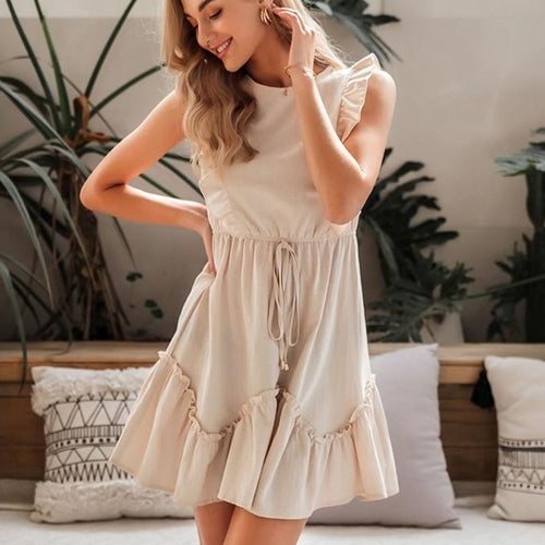 Load image into Gallery viewer, Sleeveless Ruffled High Waist Belt O-neck A-line Summer Cotton Solid Office Mini Dress
