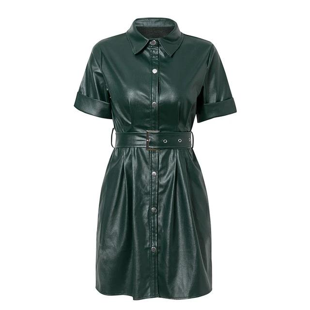 Streetwear PU Leather Single Breasted Belt High Waist Bodycon Dress-women-wanahavit-Green-S-wanahavit