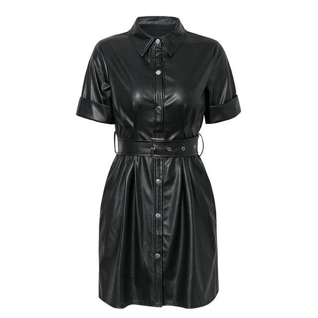 Streetwear PU Leather Single Breasted Belt High Waist Bodycon Dress-women-wanahavit-Black-S-wanahavit