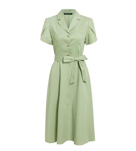 Streetwear Ruffled Solid Lapel Single Breasted Belt Short Sleeve Office Dress-women-wanahavit-Green-S-wanahavit