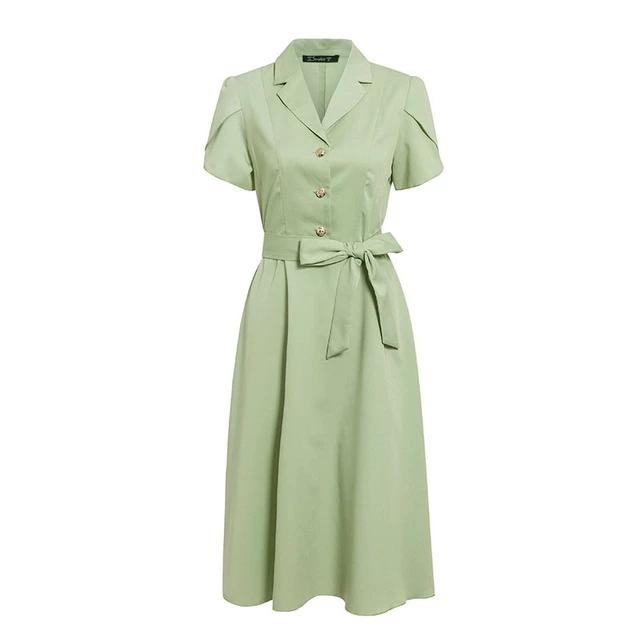 Streetwear Ruffled Solid Lapel Single Breasted Belt Short Sleeve Office Dress-women-wanahavit-Green-S-wanahavit