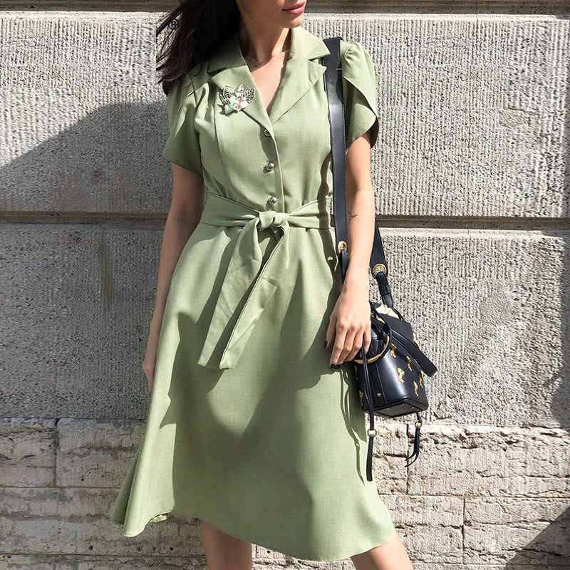 Streetwear Ruffled Solid Lapel Single Breasted Belt Short Sleeve Office Dress-women-wanahavit-Green-S-wanahavit