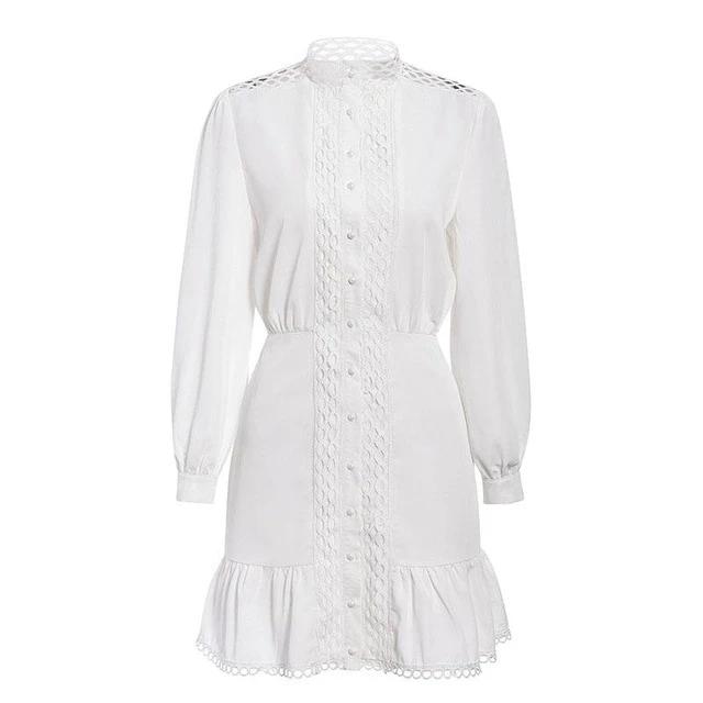 Streetwear White Long Sleeve Ruffle Hollow Out Mini Dress-women-wanahavit-White-S-wanahavit