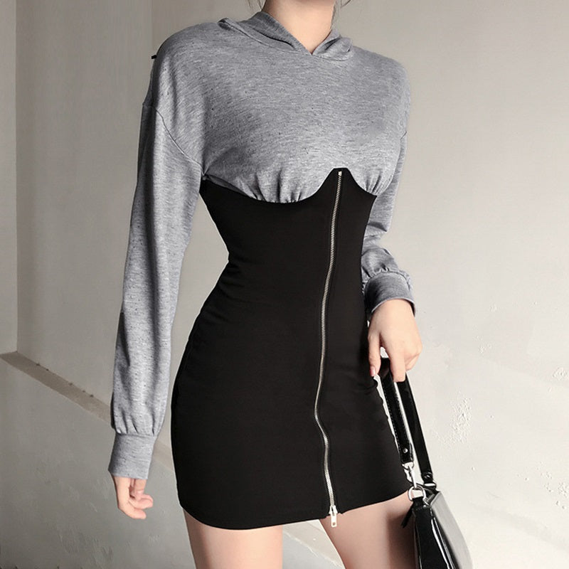Streetwear Zipper Hoodie Patchwork Batwing Sleeve Bodycon Office Dress-women-wanahavit-Gray-S-wanahavit