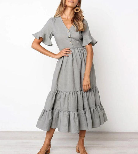 Summer Ruffled Casual V-neck Buttons Slim Fit Maxi Long Dress-women-wanahavit-Gray-S-wanahavit