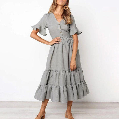 Load image into Gallery viewer, Summer Ruffled Casual V-neck Buttons Slim Fit Maxi Long Dress-women-wanahavit-Gray-S-wanahavit
