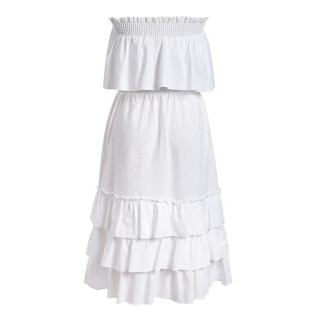 Two-Piece White Strapless Split Dress Ruffle Sleeveless Long Elegant Dress-women-wanahavit-White-L-wanahavit