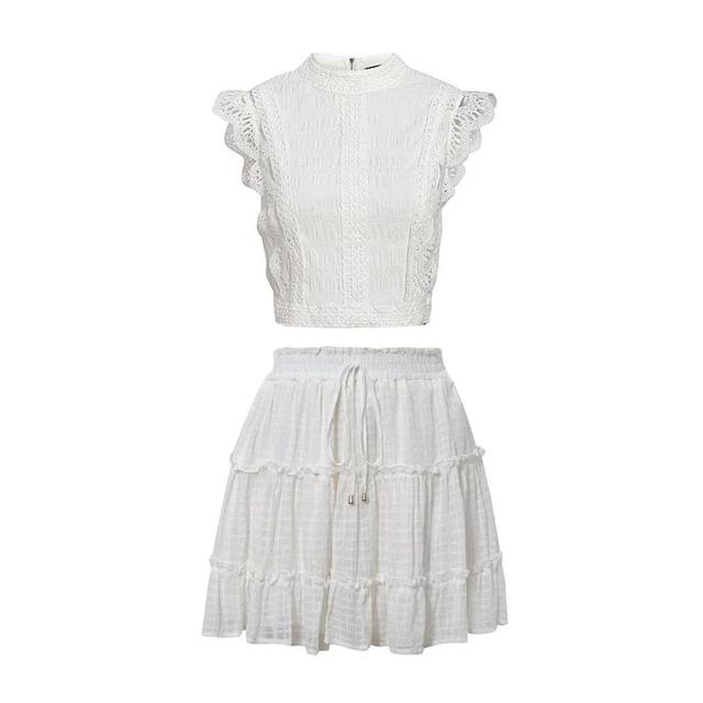 Two-Piece White Sleeveless Hollow Out Ruffle Lace Up Mini Dress Skirt + Sleeveless-women-wanahavit-set-S-wanahavit