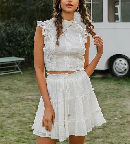 Two-Piece White Sleeveless Hollow Out Ruffle Lace Up Mini Dress Skirt + Sleeveless-women-wanahavit-set-S-wanahavit