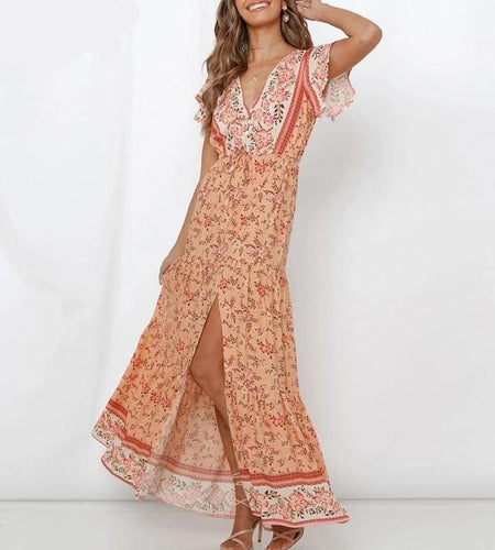V-neck Bohemian Floral Print Lace Up Sexy High Split Butterfly Sleeve Long Dress-women-wanahavit-Orange-S-wanahavit