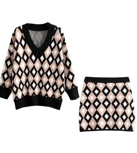 V-Neck Loose Sweater Office Skirts & Sweater Set-women-wanahavit-Suits-M-wanahavit