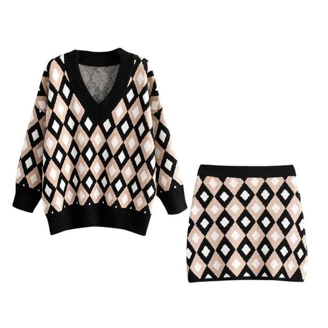 V-Neck Loose Sweater Office Skirts & Sweater Set-women-wanahavit-Suits-M-wanahavit