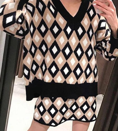 V-Neck Loose Sweater Office Skirts & Sweater Set-women-wanahavit-Suits-S-wanahavit