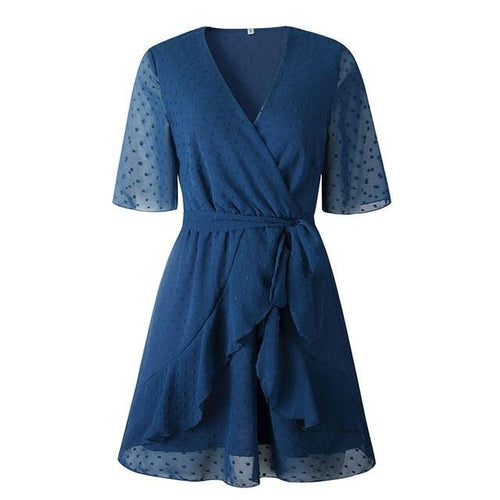 Load image into Gallery viewer, V-neck Flower A-line Summer Ruffled Sash Belt Wrap Short Sleeve Beach Lining Short Dress
