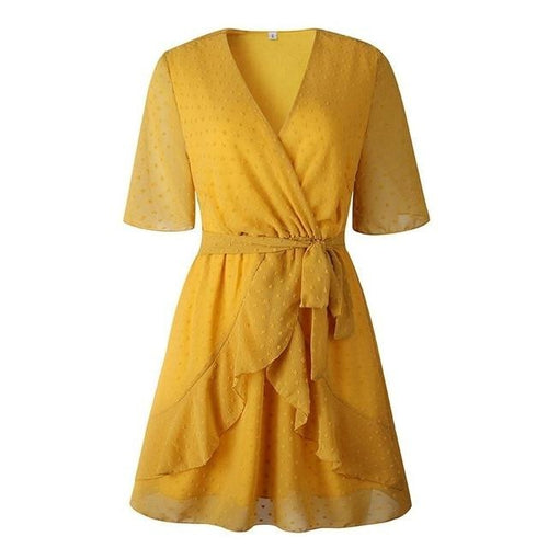 Load image into Gallery viewer, V-neck Flower A-line Summer Ruffled Sash Belt Wrap Short Sleeve Beach Lining Short Dress
