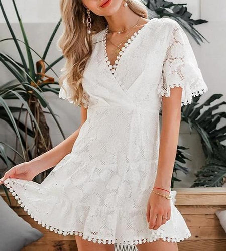 V-Neck Flower Lace Embroidery High Waist Holiday Beach Ruffled Cotton Mini Dress-women-wanahavit-White-S-wanahavit