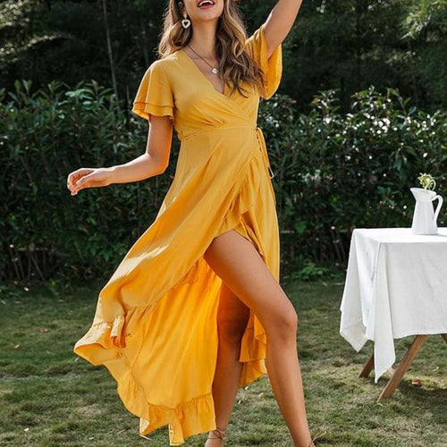 Load image into Gallery viewer, V-Neck Ruffled Boho Sexy Cotton Short Sleeve Maxi Dress-women-wanahavit-Yellow-S-wanahavit
