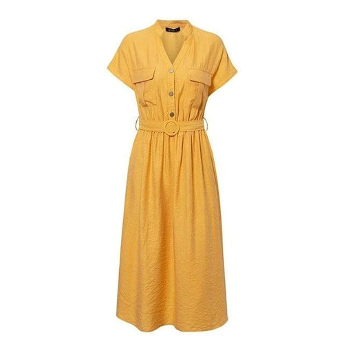 Load image into Gallery viewer, V-Neck Solid Vintage Elegant Button Belt Midi Summer Dress-women-wanahavit-Yellow-S-wanahavit
