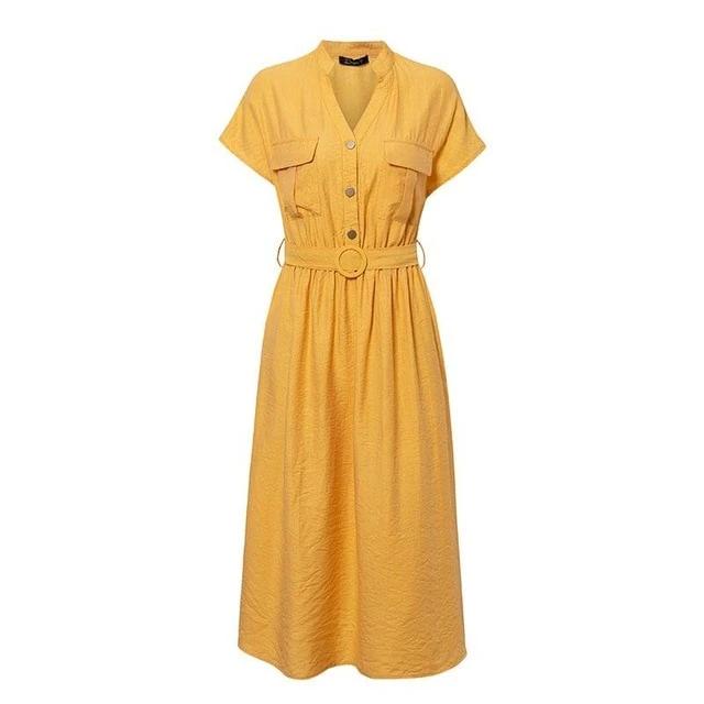 V-Neck Solid Vintage Elegant Button Belt Midi Summer Dress-women-wanahavit-Yellow-S-wanahavit