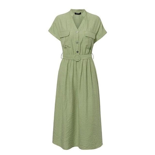 Load image into Gallery viewer, V-Neck Solid Vintage Elegant Button Belt Midi Summer Dress-women-wanahavit-Green-S-wanahavit
