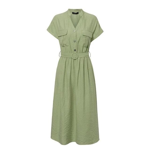 V-Neck Solid Vintage Elegant Button Belt Midi Summer Dress-women-wanahavit-Green-S-wanahavit