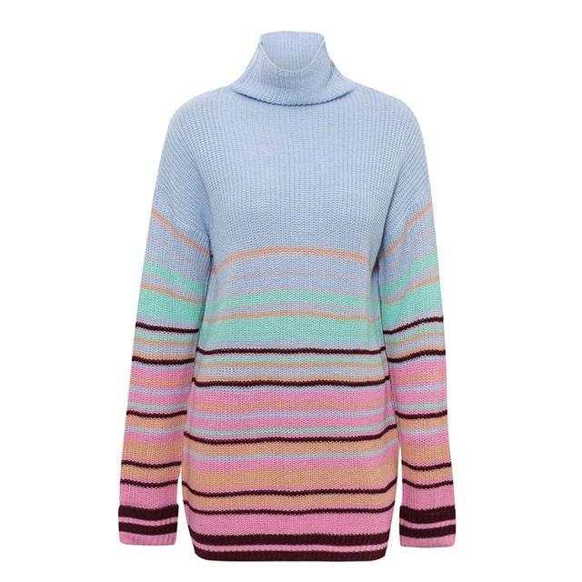 Winter Striped Turtleneck Knitted Sweater Dress-women-wanahavit-Blue-S-wanahavit