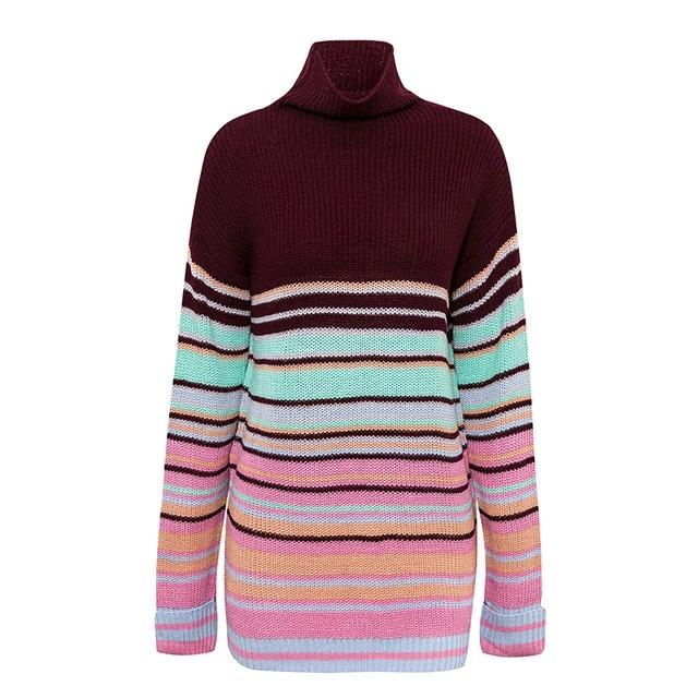 Winter Striped Turtleneck Knitted Sweater Dress-women-wanahavit-Burgundy-S-wanahavit