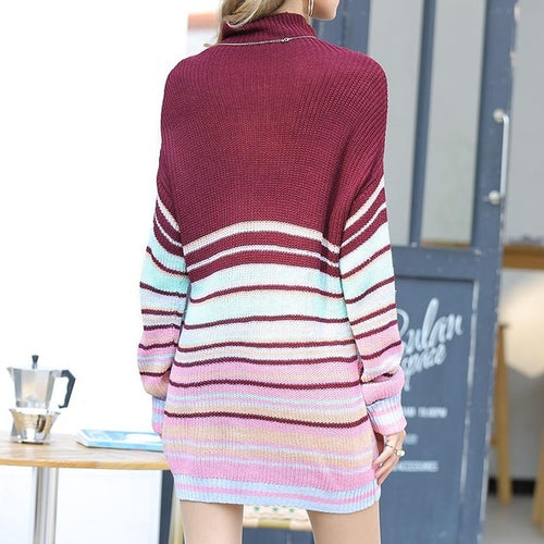 Load image into Gallery viewer, Winter Striped Turtleneck Knitted Sweater Dress-women-wanahavit-Burgundy-S-wanahavit
