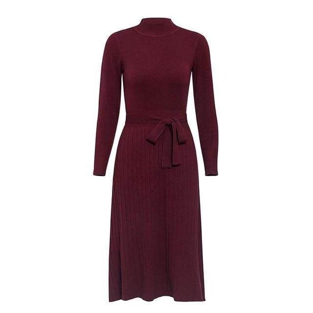 Elegant Knitted Streetwear Buttons Belt Bodycon Long Sleeve Office Turtleneck Maxi Sweater Dress