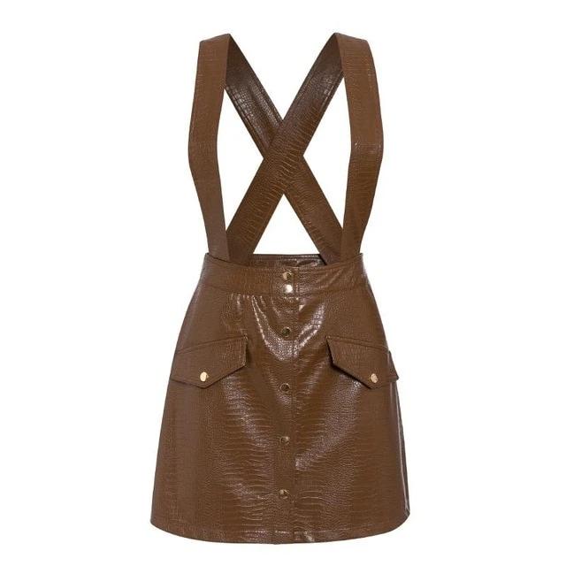 Faux Leather Streetwear PU Leather Autumn High Waist Dress-women-wanahavit-Brown-XS-wanahavit