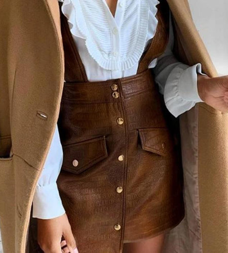 Faux Leather Streetwear PU Leather Autumn High Waist Dress-women-wanahavit-Brown-XS-wanahavit