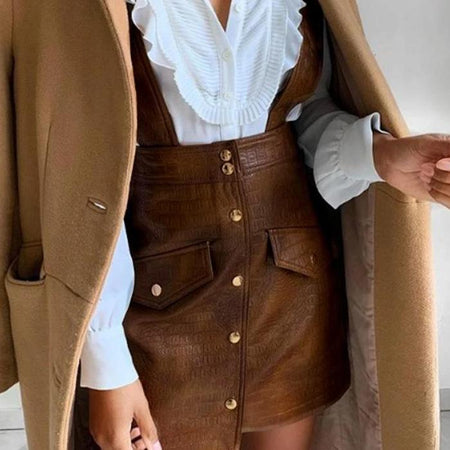 Faux Leather Streetwear PU Leather Autumn High Waist Dress-women-wanahavit-Brown-XS-wanahavit