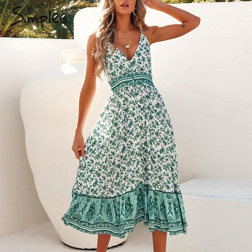 Load image into Gallery viewer, Sleeveless Summer V-Neck Long Sexy Boho Floral Dress-women-wanahavit-Green-S-wanahavit
