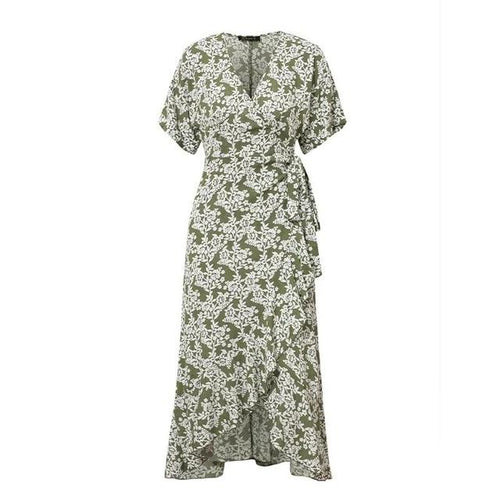 Load image into Gallery viewer, V-Neck Printed Boho Chic Summer Ruffled Short Sleeve Dress-women-wanahavit-Green-S-wanahavit

