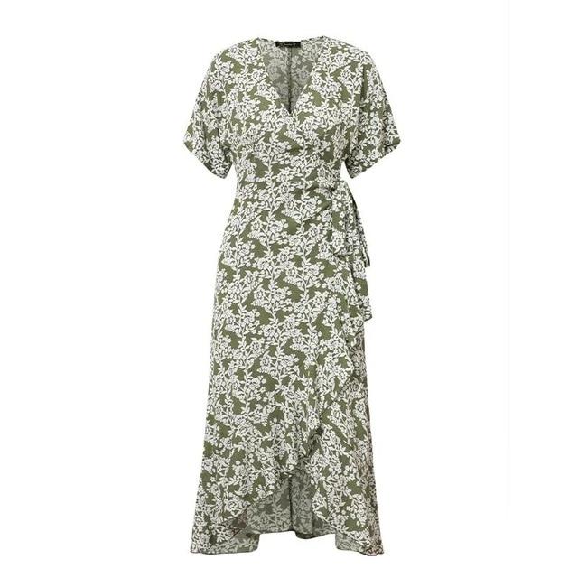 V-Neck Printed Boho Chic Summer Ruffled Short Sleeve Dress-women-wanahavit-Green-S-wanahavit