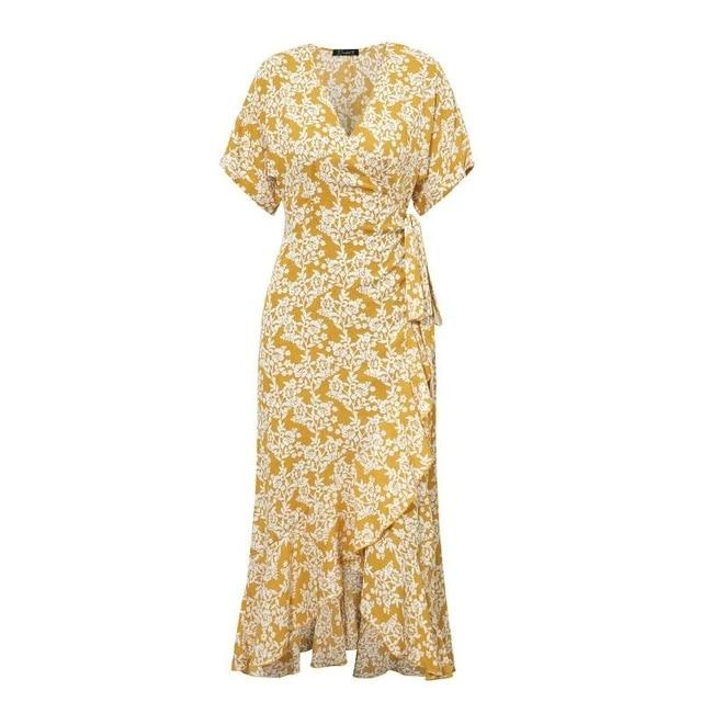 V-Neck Printed Boho Chic Summer Ruffled Short Sleeve Dress-women-wanahavit-Yellow-S-wanahavit