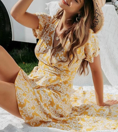 V-Neck Printed Boho Chic Summer Ruffled Short Sleeve Dress-women-wanahavit-Yellow-S-wanahavit