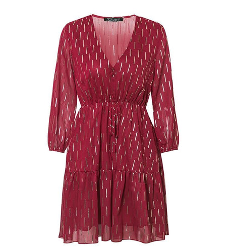 V-Neck Ruffled Striped Print High Waist Lantern Summer Mini Dress-women-wanahavit-Burgundy-L-wanahavit