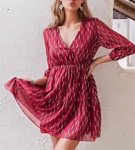 V-Neck Ruffled Striped Print High Waist Lantern Summer Mini Dress-women-wanahavit-Burgundy-L-wanahavit