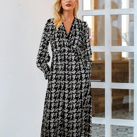 V-Neck Sexy Elegant Long Sleeve Pockets Strap Floral Print Dress-women-wanahavit-Black-S-wanahavit